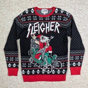Ugly Christmas Party Sweater Santa Sleigher Mens 2XL Black Heavy Rock Pullover